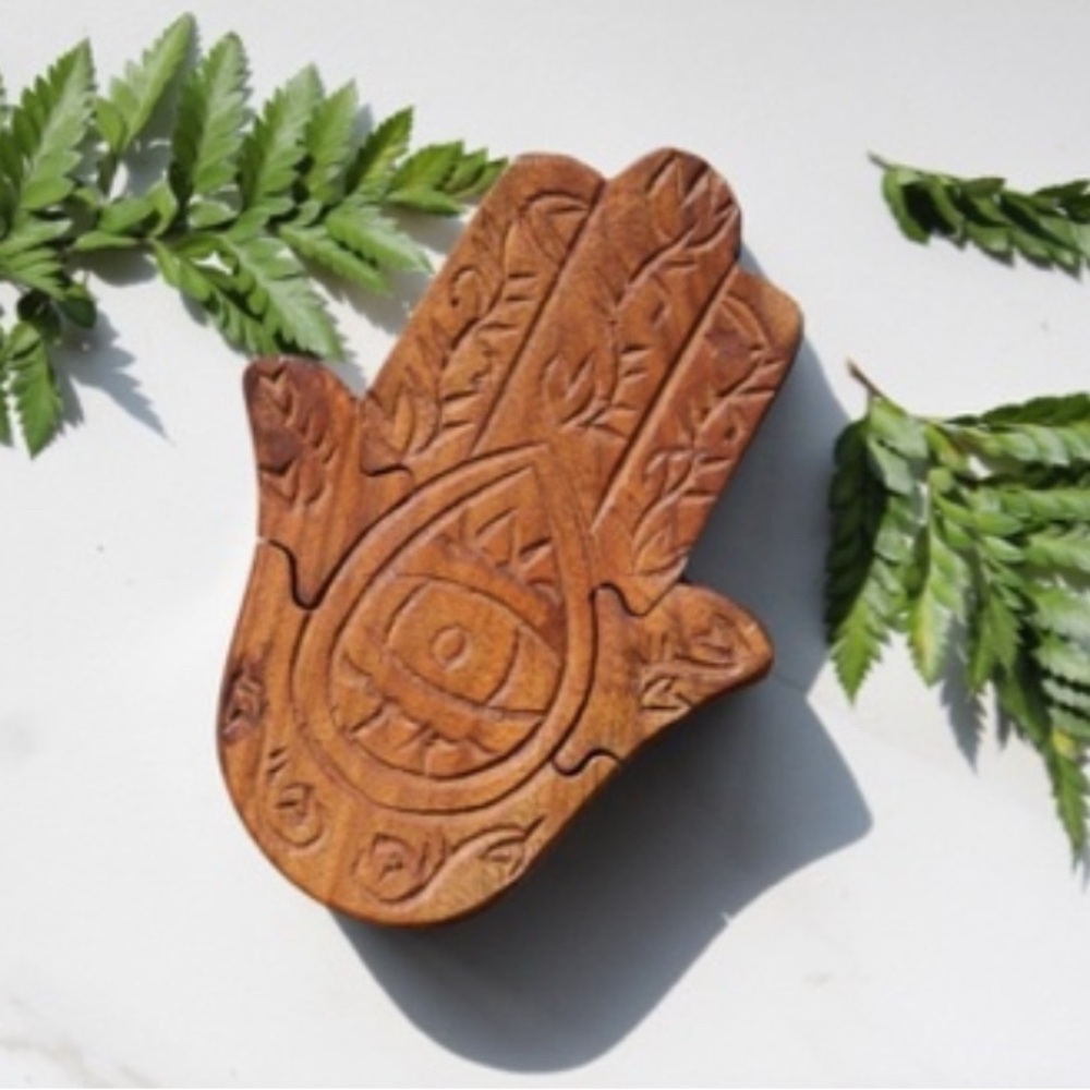 Handcrafted Brown Hamsa Wooden Trinket Dish - Brand